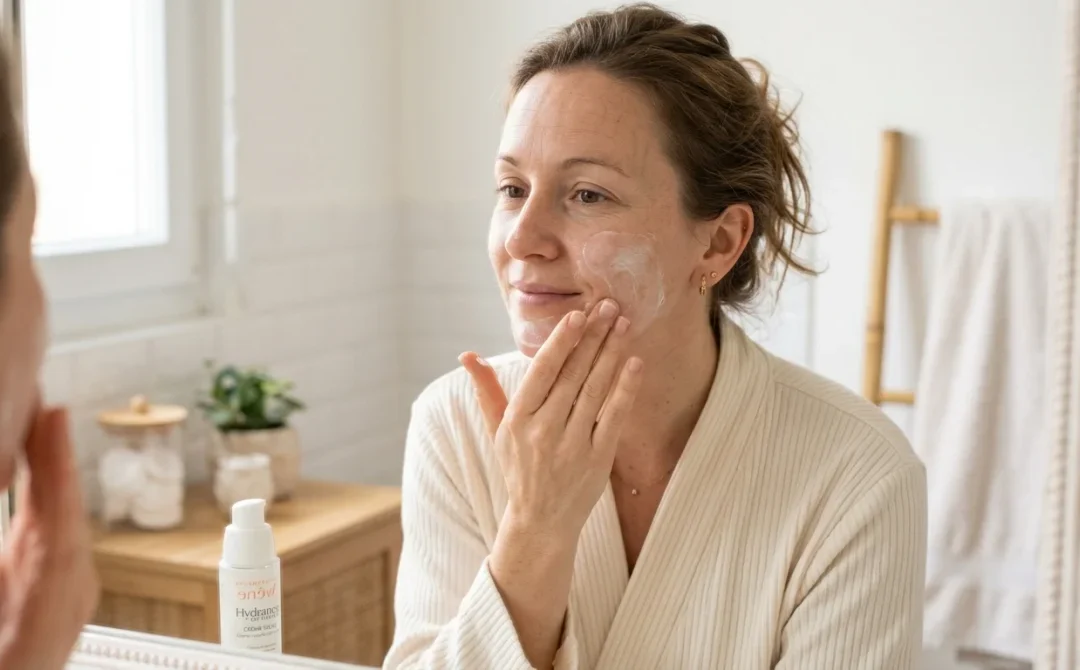 Femme appliquant une crème hydratante pour soulager la peau sèche en salle de bain.