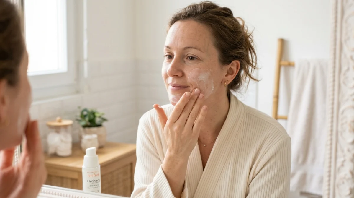 Femme appliquant une crème hydratante pour soulager la peau sèche en salle de bain.