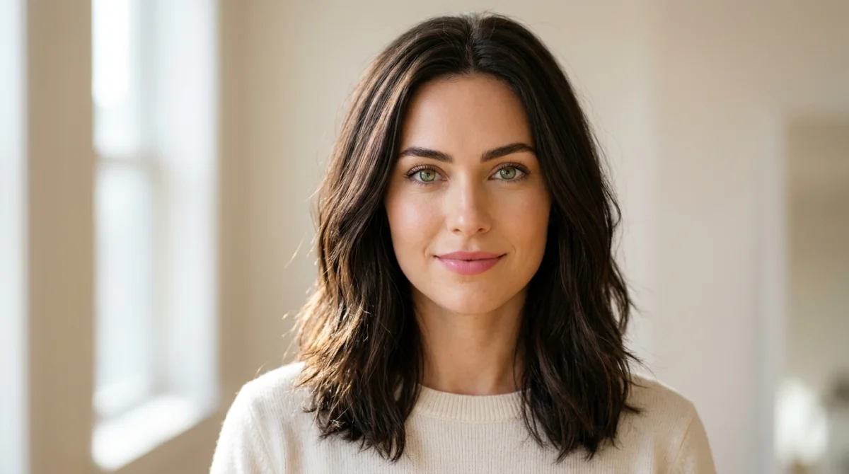 Femme aux yeux verts et peau claire avec une chevelure brun espresso profond.