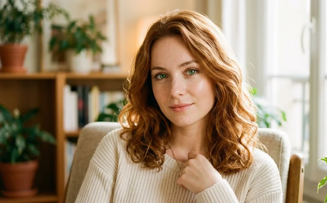 Femme aux yeux verts et peau claire, cheveux auburn lumineux mettant en valeur son regard.