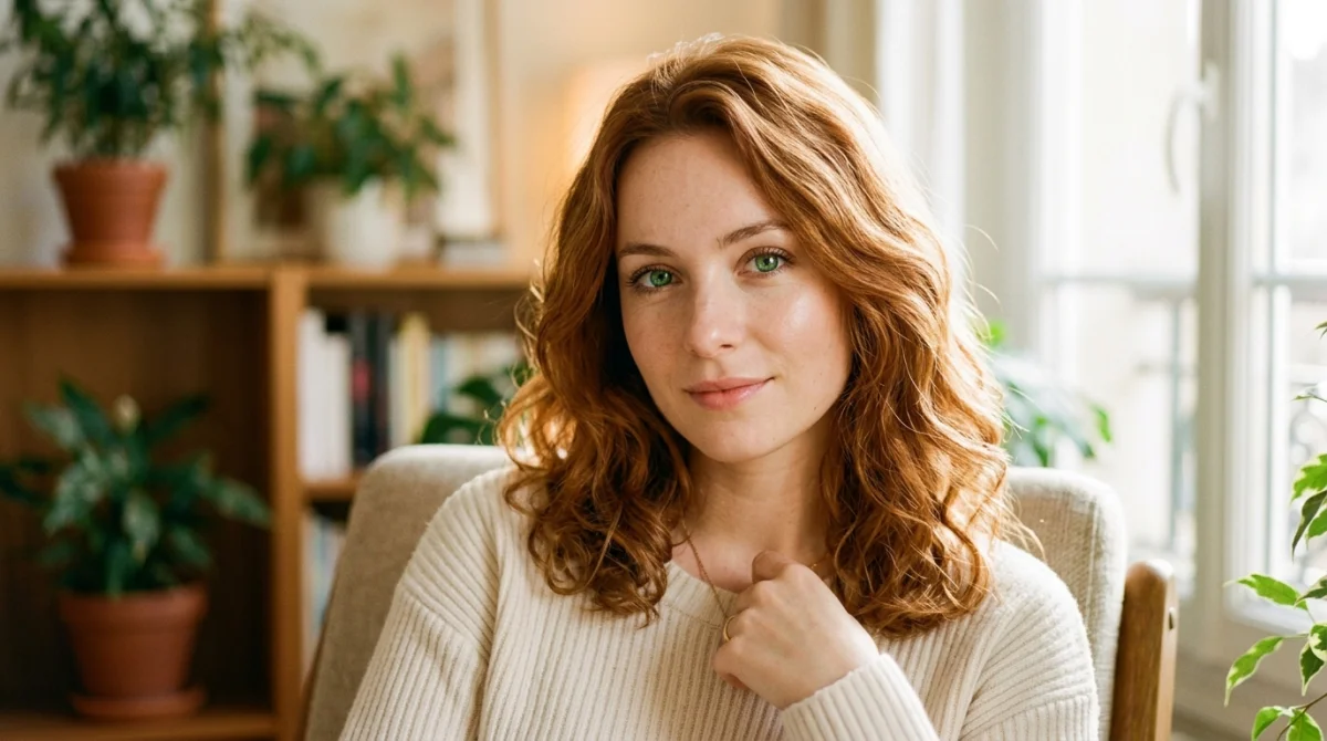 Femme aux yeux verts et peau claire, cheveux auburn lumineux mettant en valeur son regard.