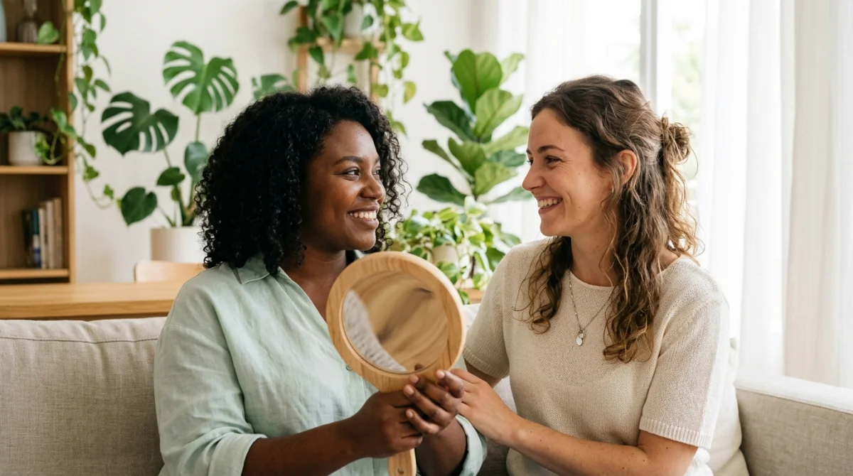 Femmes souriantes aux teints variés examinant leur peau dans un miroir pour connaitre leur sous-ton.