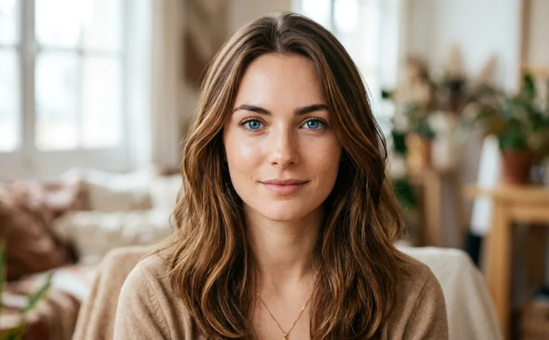 Femme peau claire yeux bleus, couleur cheveux tendance rehaussant ses traits naturels.