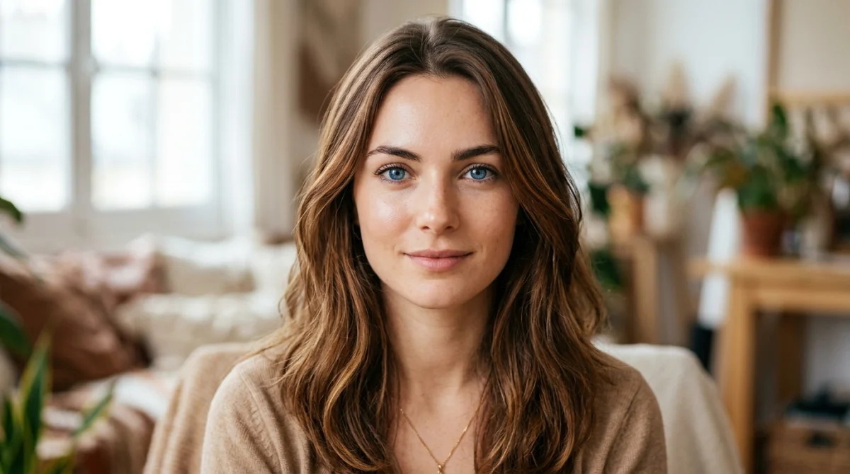 Femme peau claire yeux bleus, couleur cheveux tendance rehaussant ses traits naturels.