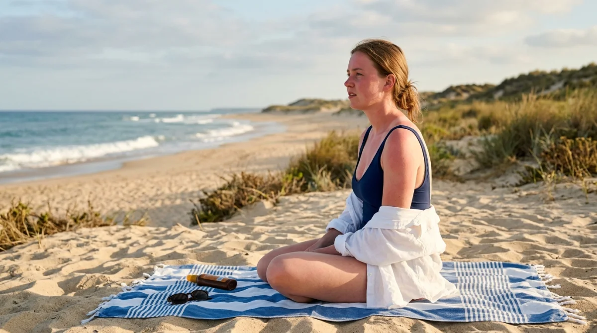 Personne peau claire avec léger coup de soleil sur une plage ensoleillée.