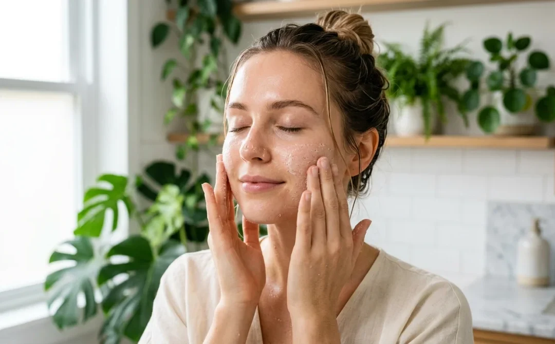 Femme appliquant un exfoliant doux sur son visage dans une salle de bain lumineuse.