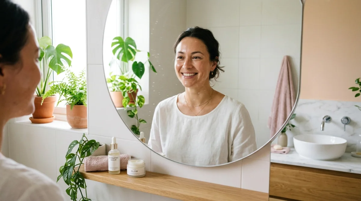 Femme souriante admirant sa peau saine et éclatante dans un miroir de salle de bain moderne.