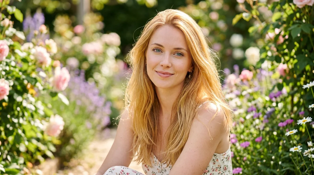 Femme aux yeux bleus et peau claire, cheveux blond doré dans un jardin ensoleillé.