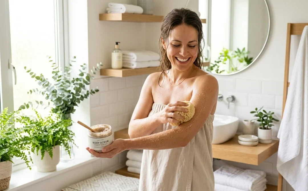 Femme souriante appliquant un gommage corps maison dans une salle de bain zen.