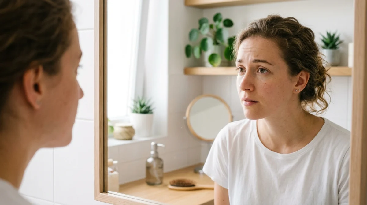 Jeune femme examinant son visage dans un miroir, recherchant une peau lisse et parfaite.