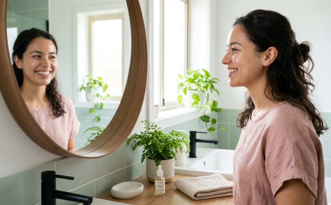 Jeune femme admirant sa peau lisse et nette dans un miroir de salle de bain moderne.