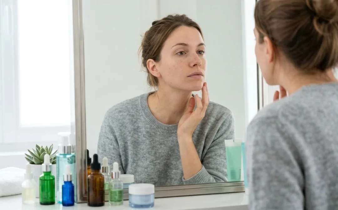Femme examinant son visage dans un miroir pour connaitre son type de peau.