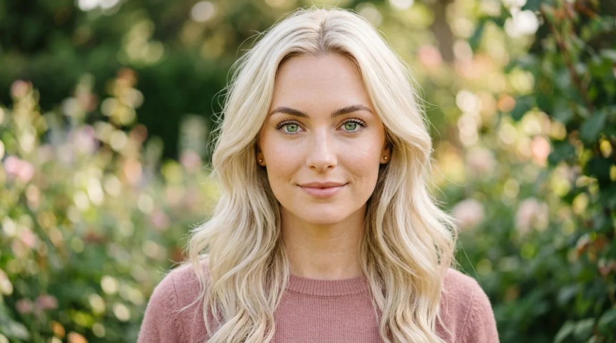 Femme aux yeux verts, peau claire et cheveux blond platine, beauté naturelle