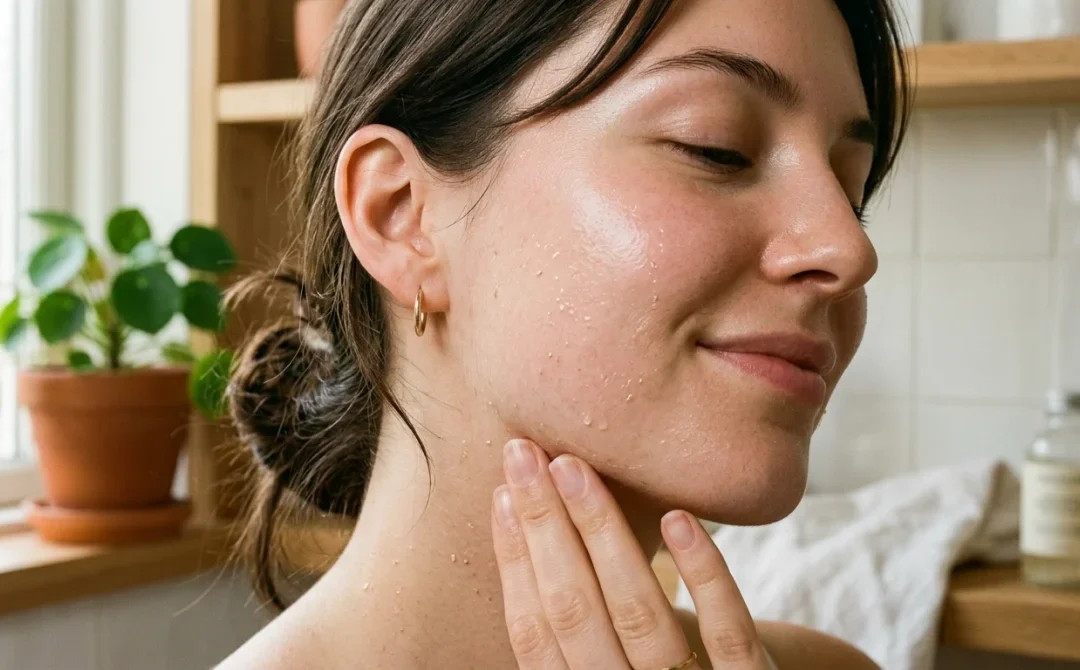 Peau du visage douce et lumineuse après un gommage naturel, montrant l'hydratation et la pureté.