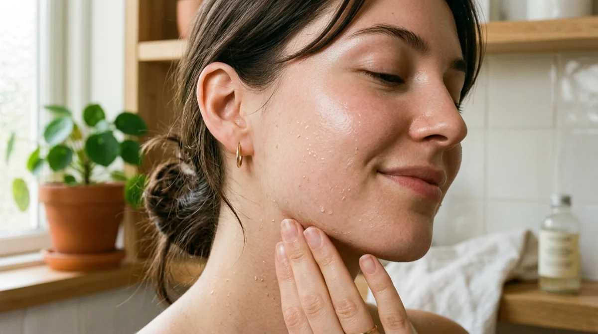 Peau du visage douce et lumineuse après un gommage naturel, montrant l'hydratation et la pureté.