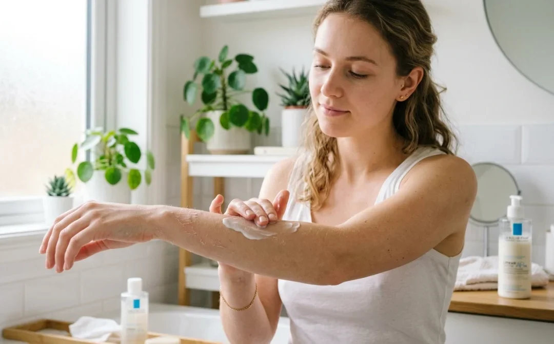 Personne appliquant une crème hydratante sur un avant-bras qui pèle légèrement.