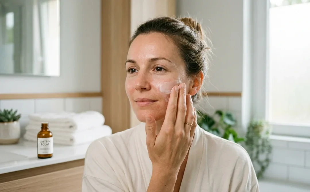 Femme appliquant une crème hydratante sur son visage pour soulager la peau qui pèle