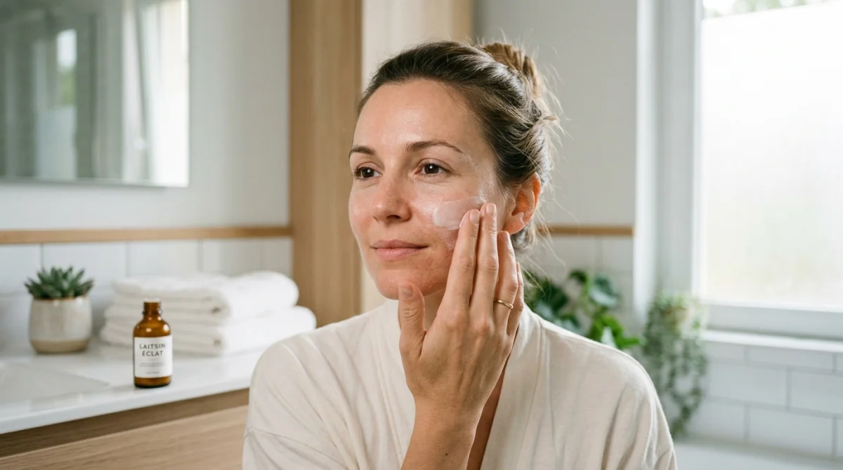 Femme appliquant une crème hydratante sur son visage pour soulager la peau qui pèle