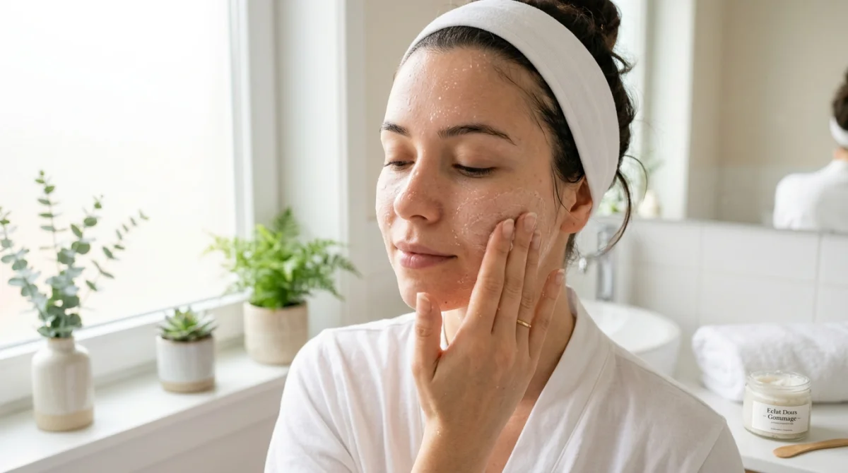 Gommage doux pour préparer la peau au soleil : exfoliation visage et soin.