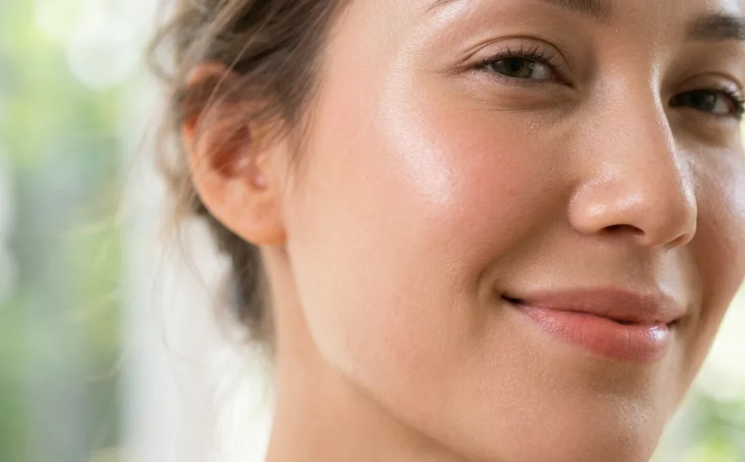 Peau du visage saine et lumineuse en processus de régénération, texture lisse et rosée