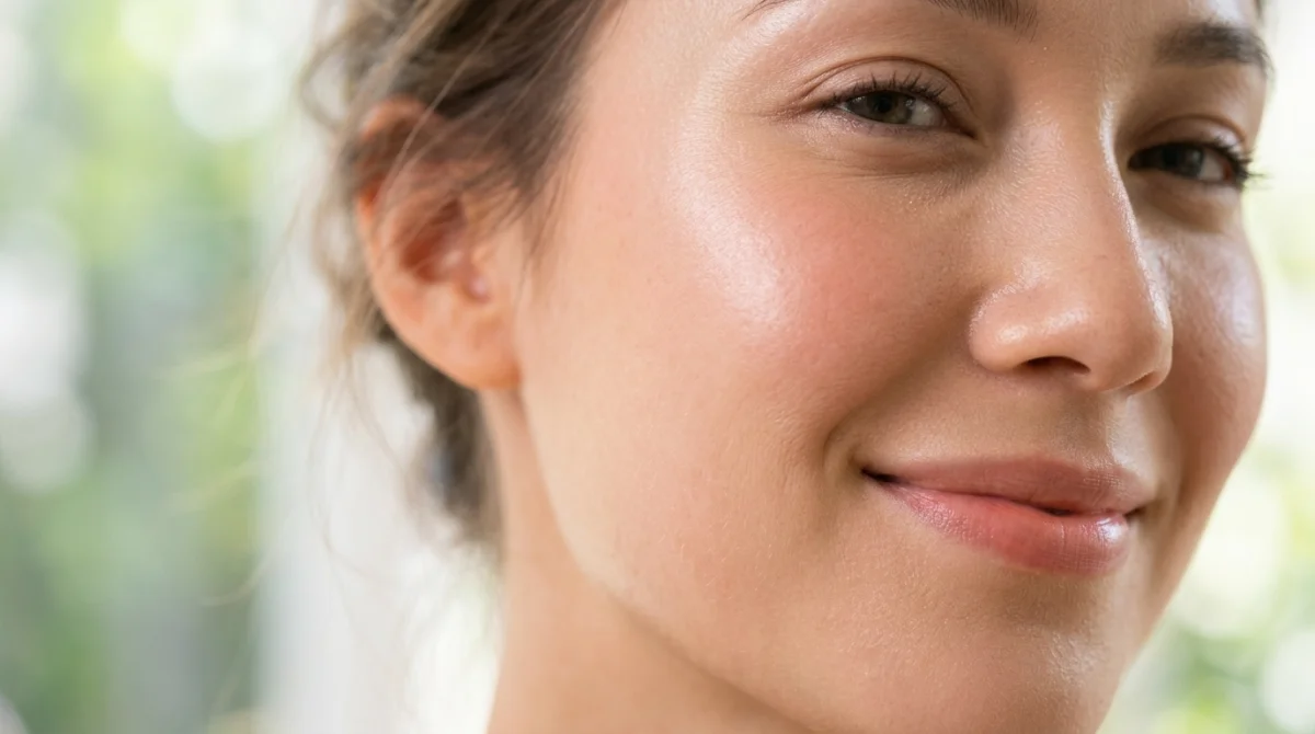 Peau du visage saine et lumineuse en processus de régénération, texture lisse et rosée