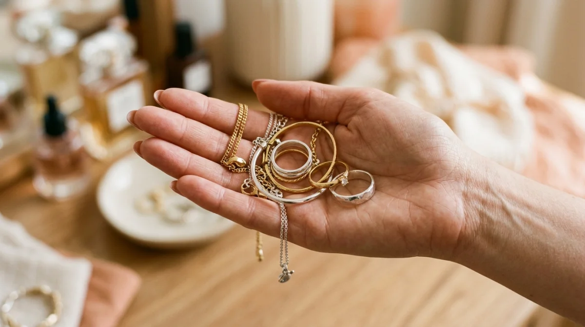 Main féminine comparant bijoux or et argent pour déterminer le sous-ton de peau.