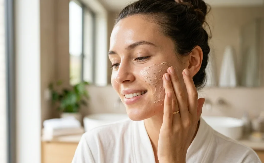 Main appliquant un gommage visage doux pour une peau éclatante et hydratée.