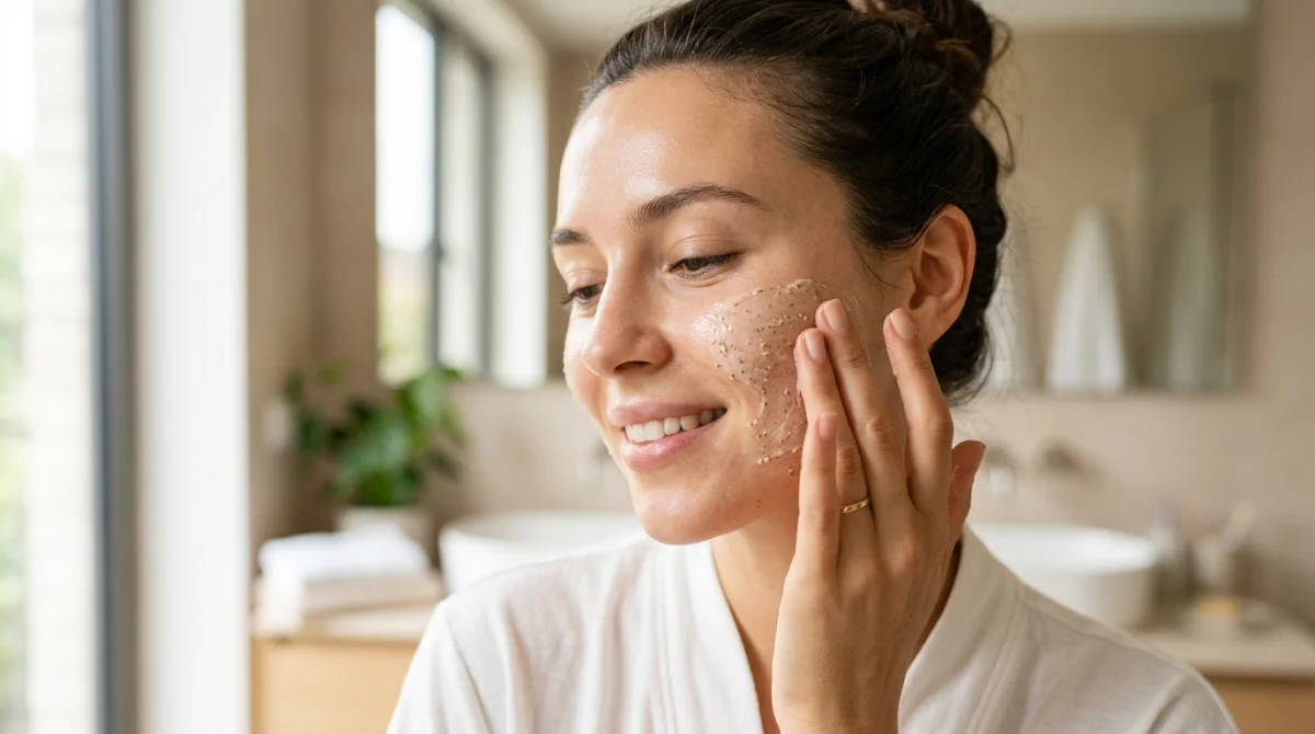 Main appliquant un gommage visage doux pour une peau éclatante et hydratée.