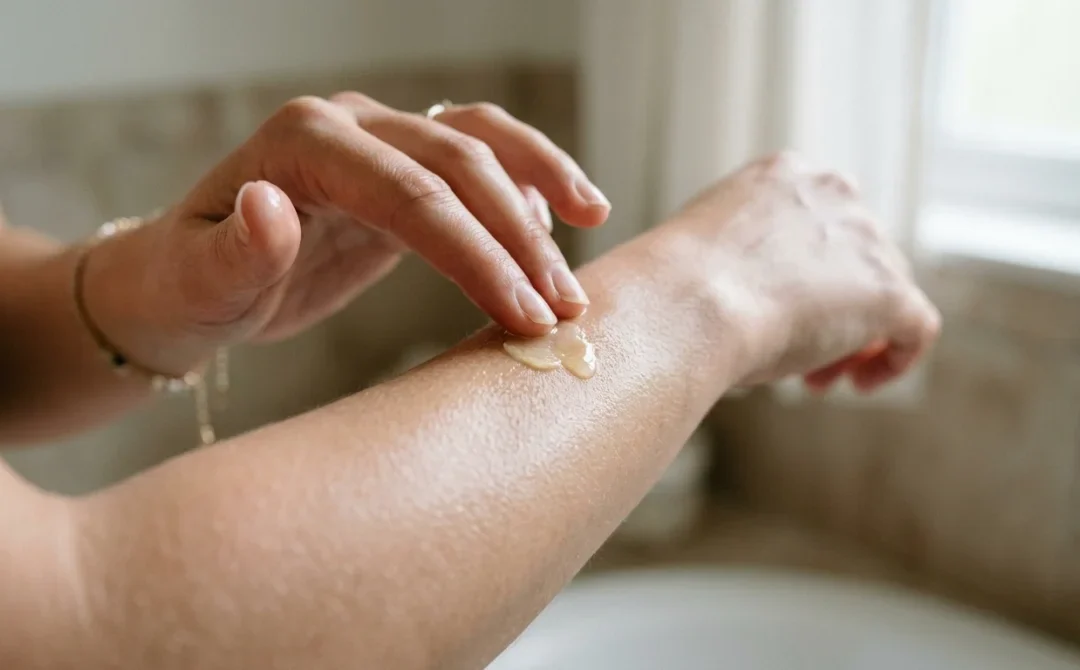 Main appliquant de l'huile pour enlever facilement de la cire sur la peau.