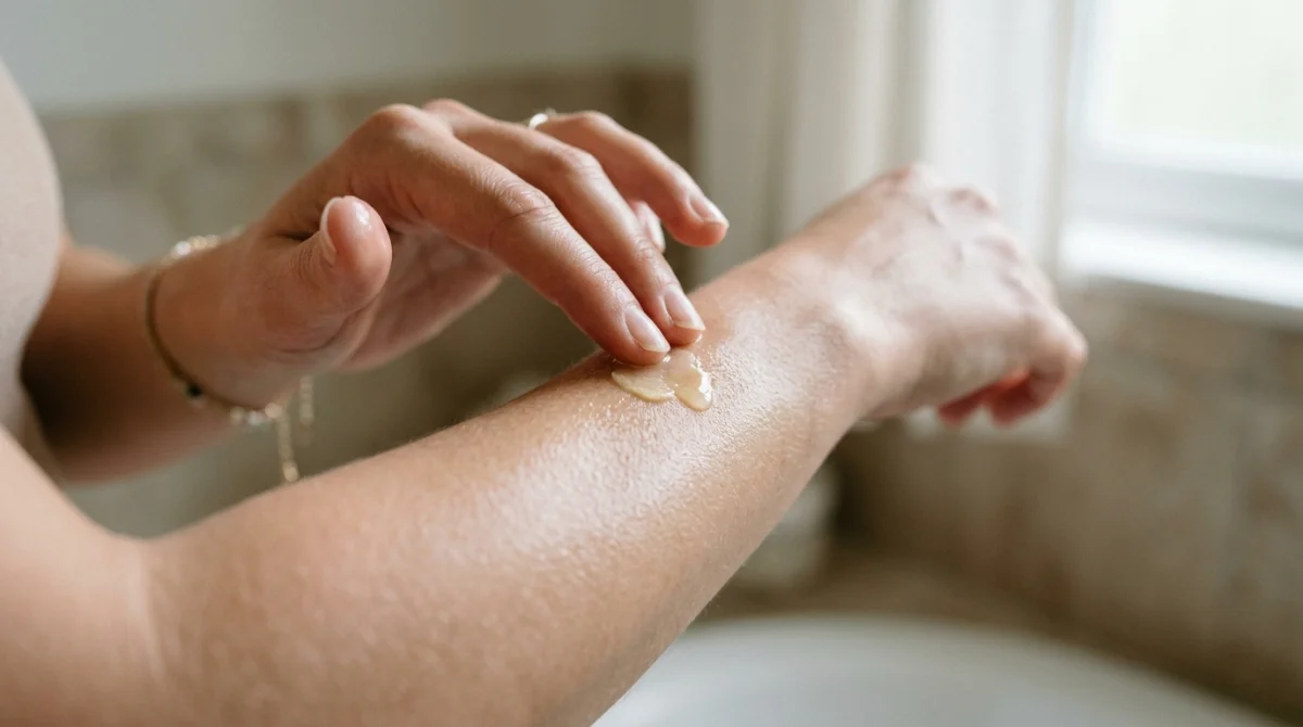 Main appliquant de l'huile pour enlever facilement de la cire sur la peau.