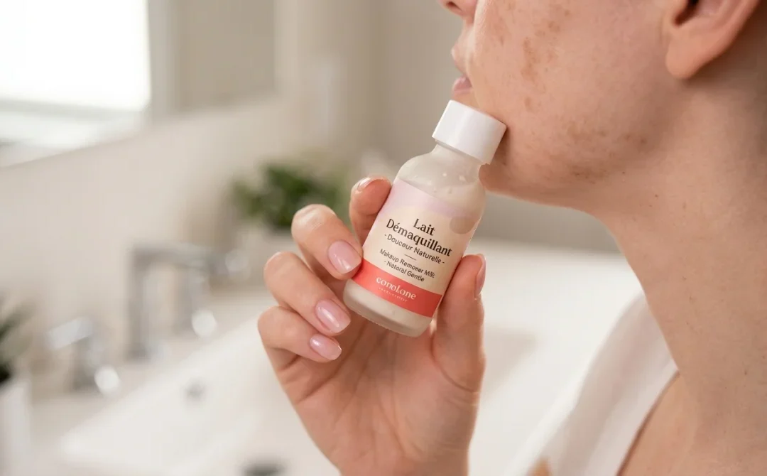 Main avec lait démaquillant pour enlever une coloration sur la peau.