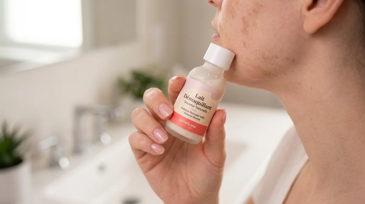 Main avec lait démaquillant pour enlever une coloration sur la peau.