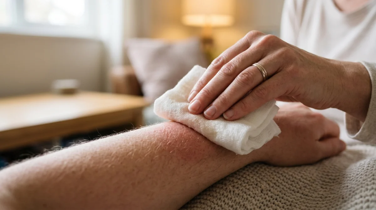 Main appliquant une compresse chaude sur une zone de peau irritée pour enlever un poil sous peau.