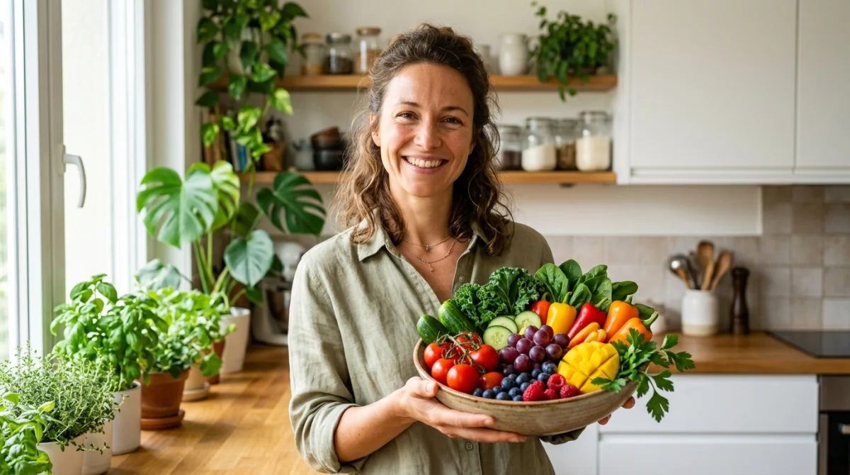 Femme souriante avec un bol de fruits et légumes frais pour une peau raffermie naturellement.