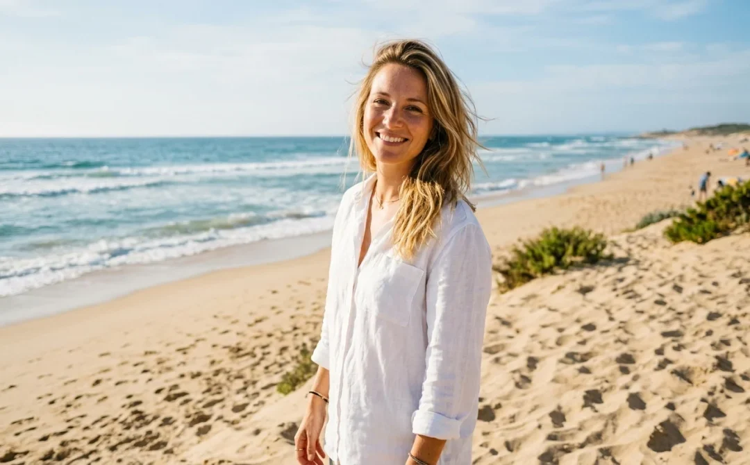 Femme peau claire souriante bronzant sur une plage ensoleillée, océan bleu en arrière-plan.