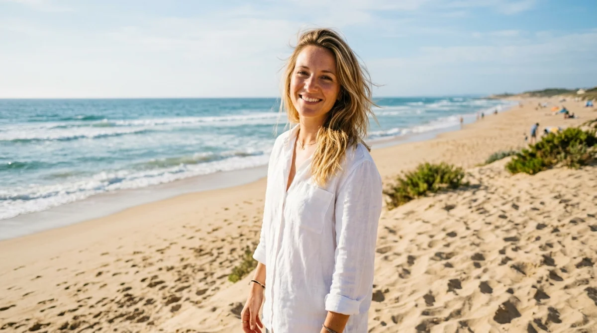 Femme peau claire souriante bronzant sur une plage ensoleillée, océan bleu en arrière-plan.