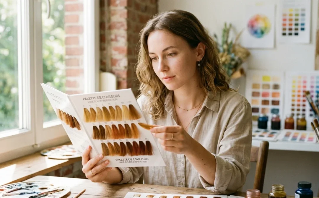 Femme peau claire yeux marrons choisissant sa nouvelle couleur de cheveux idéale