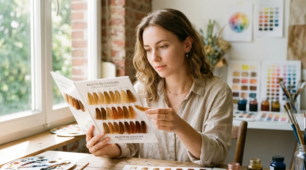 Femme peau claire yeux marrons choisissant sa nouvelle couleur de cheveux idéale