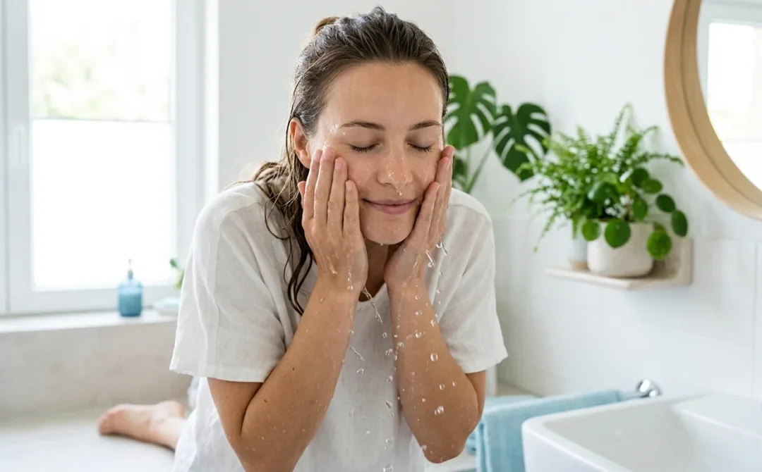 Femme appliquant de l'eau fraîche sur son visage pour hydrater sa peau naturellement.