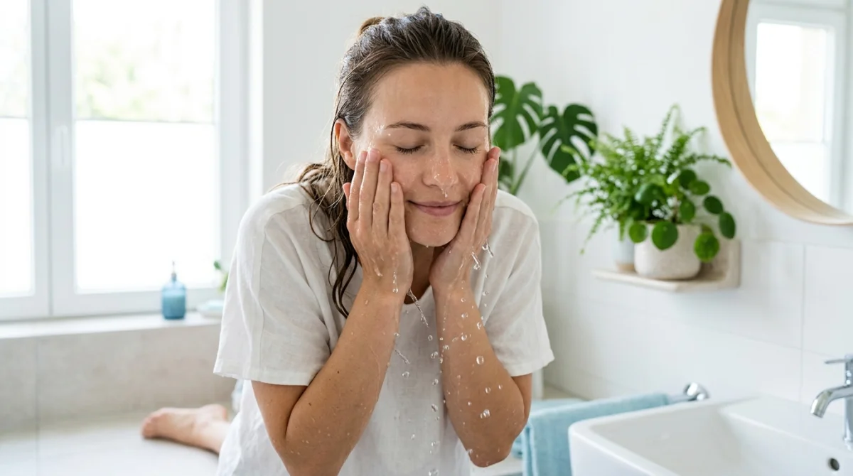 Femme appliquant de l'eau fraîche sur son visage pour hydrater sa peau naturellement.