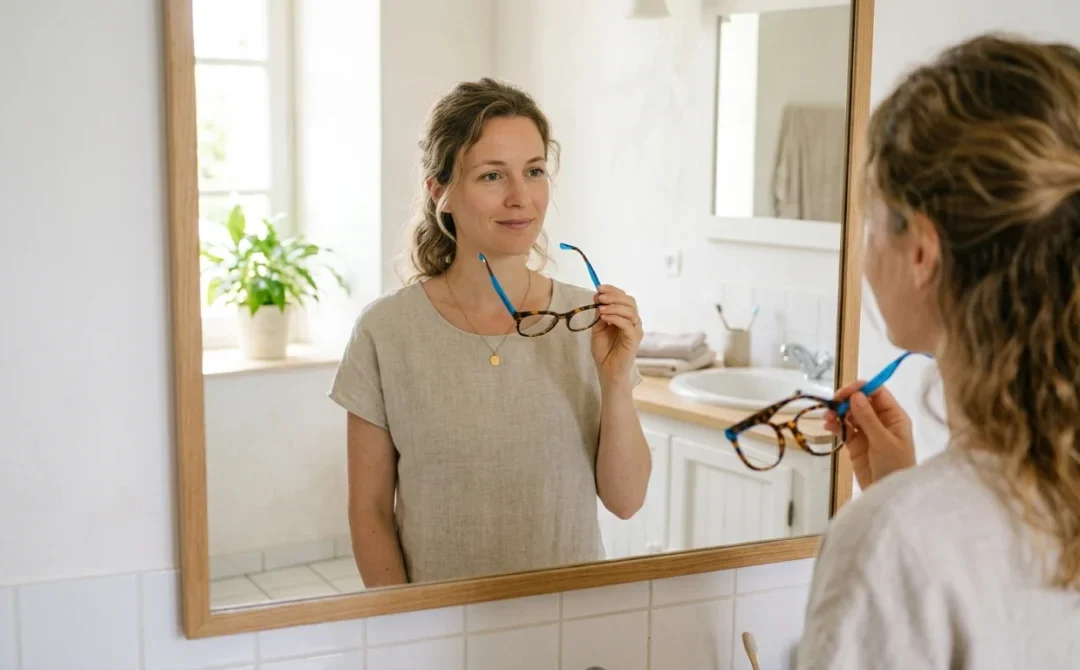Personne à peau claire essayant différentes couleurs de lunettes devant un miroir.