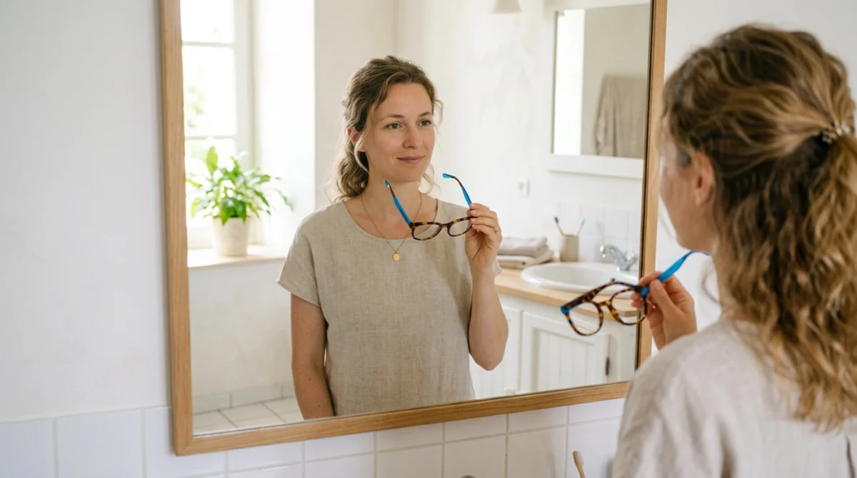 Personne à peau claire essayant différentes couleurs de lunettes devant un miroir.
