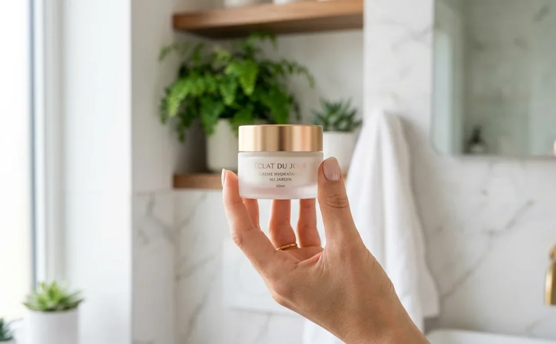 Main féminine élégante tenant une boîte de crème anti-rides, ambiance luxueuse et sereine.