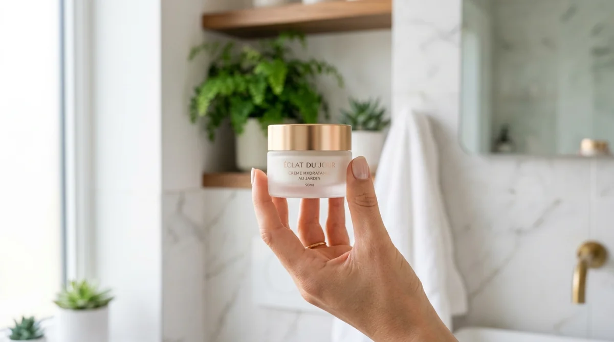Main féminine élégante tenant une boîte de crème anti-rides, ambiance luxueuse et sereine.