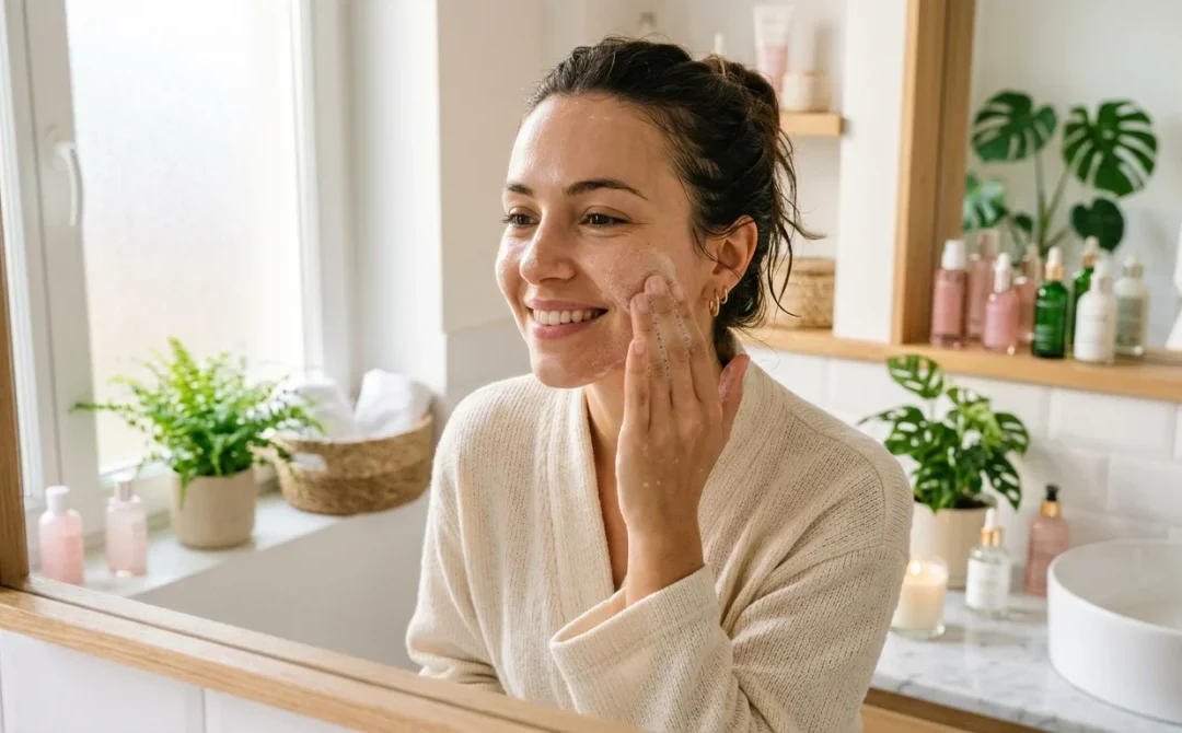 Femme souriante appliquant un nettoyant doux pour une peau radieuse et sans brillance.