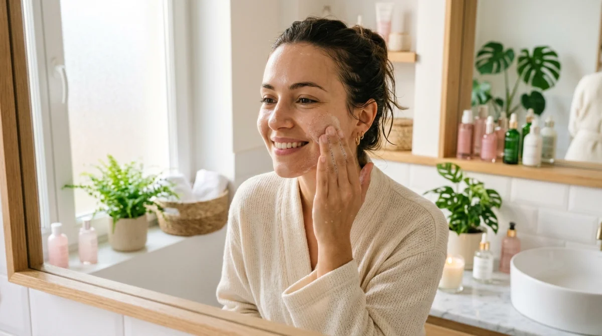 Femme souriante appliquant un nettoyant doux pour une peau radieuse et sans brillance.