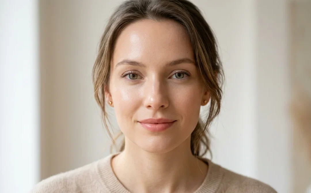 Visage féminin avec peau lisse, pores minimisés, hydratée et lumineuse