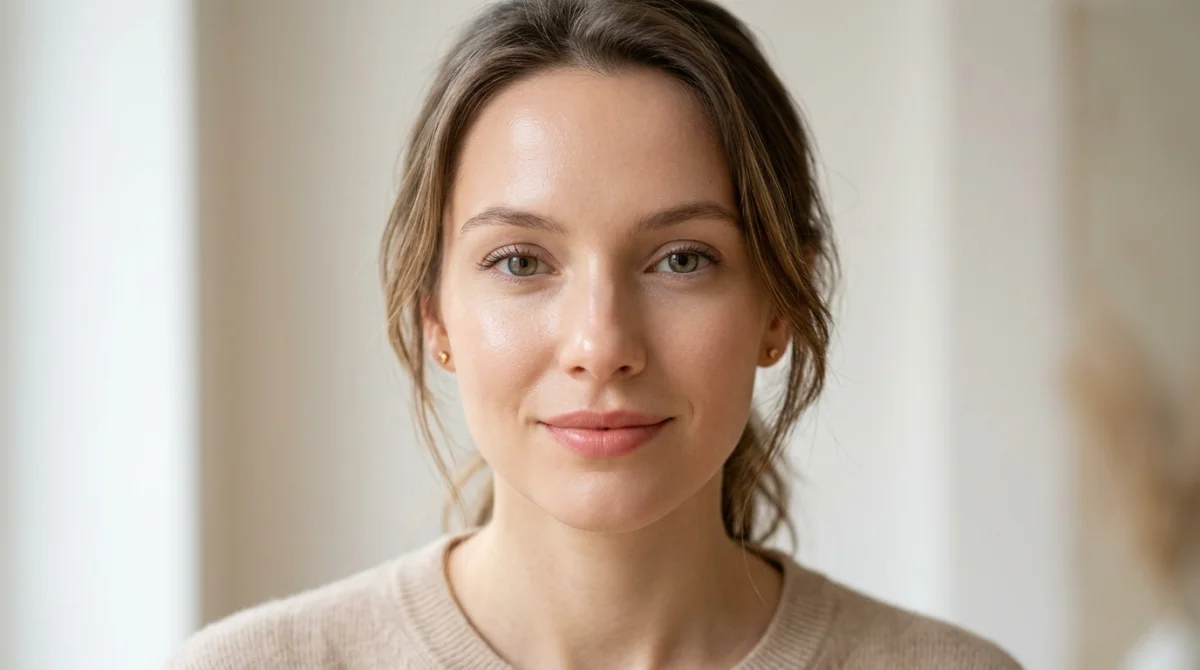 Visage féminin avec peau lisse, pores minimisés, hydratée et lumineuse
