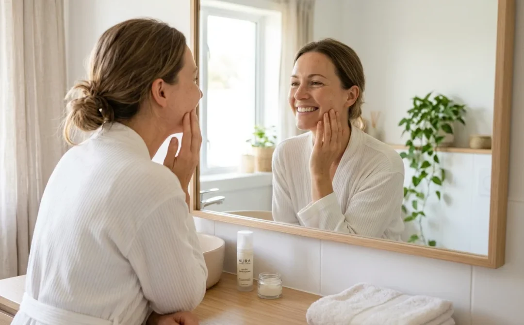 Femme souriante accepte son corps dans un miroir, peau saine, confiance retrouvée.