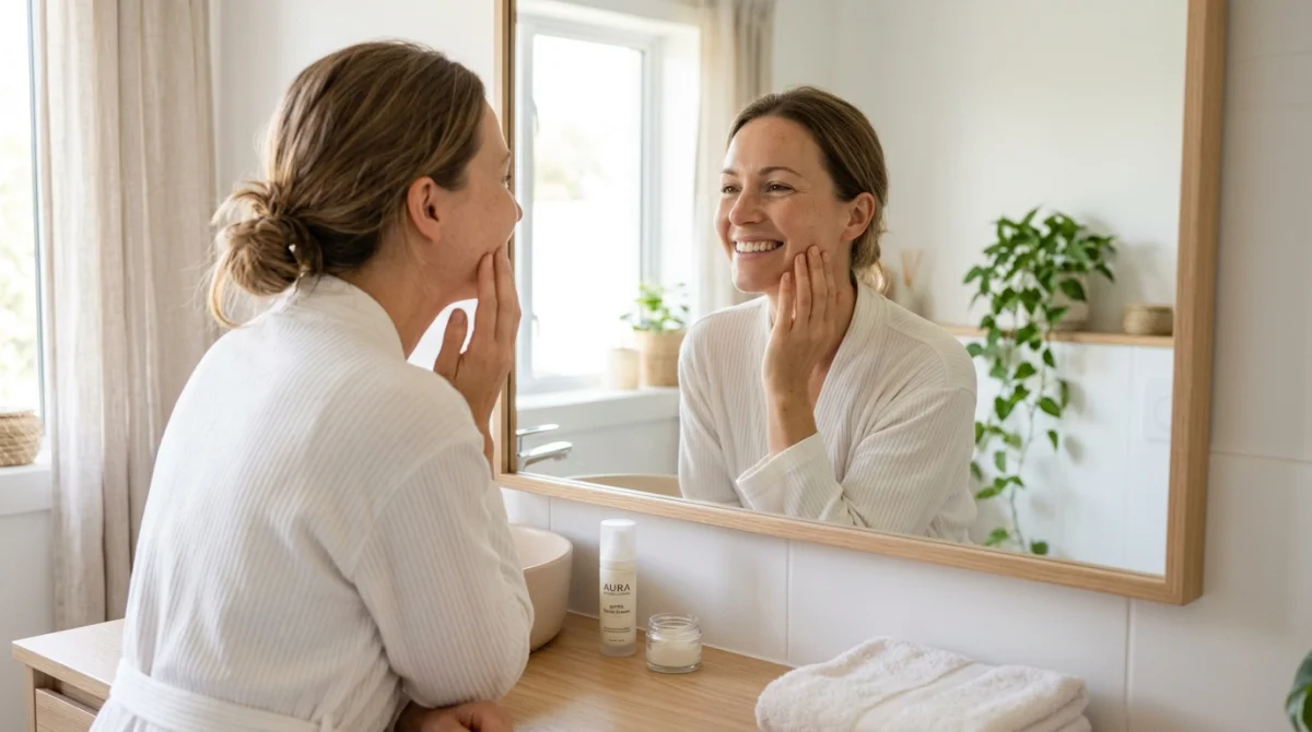 Femme souriante accepte son corps dans un miroir, peau saine, confiance retrouvée.